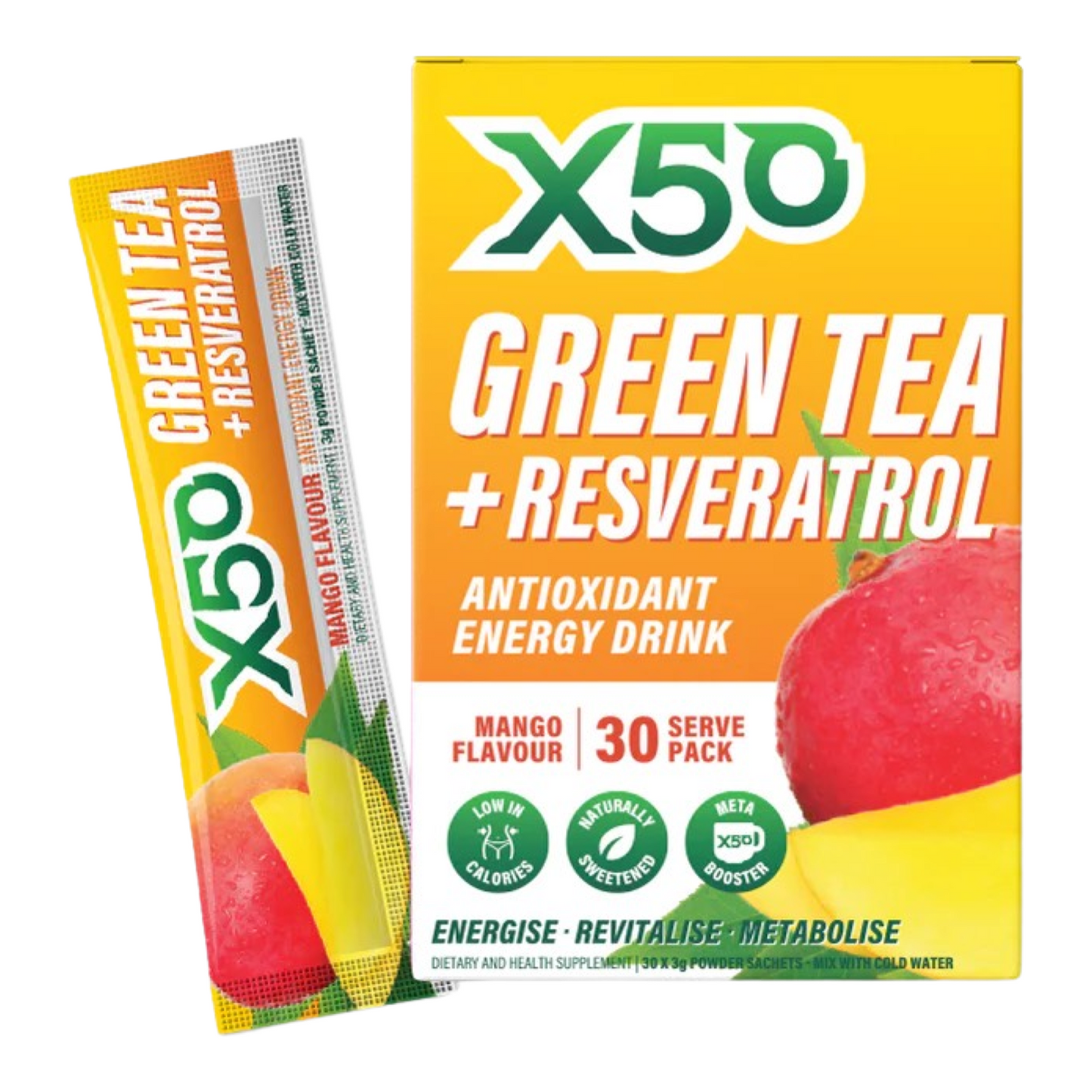 Packaging of X50 Green Tea + Resveratrol Antioxidant Energy Drink with mango flavor, containing 30 servings.