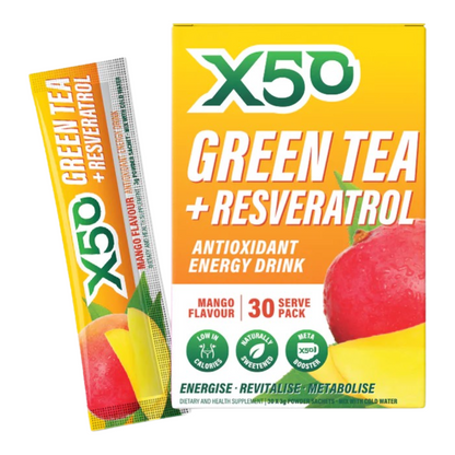 Packaging of X50 Green Tea + Resveratrol Antioxidant Energy Drink with mango flavor, containing 30 servings.