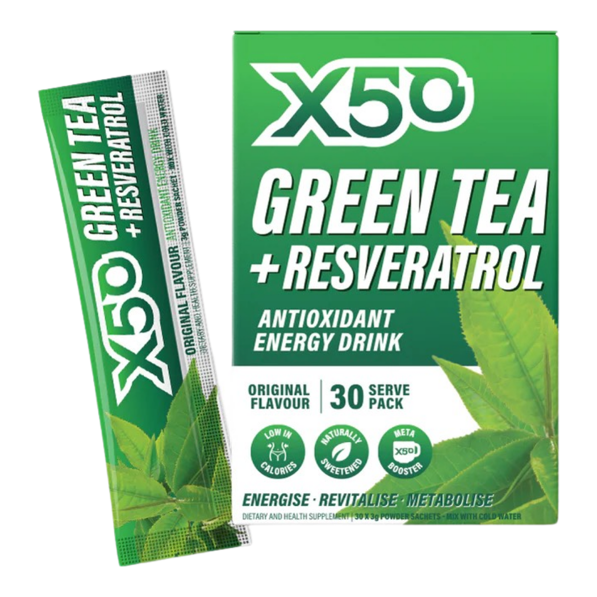 A pack of X50 Green Tea + Resveratrol energy drinks. The packaging is predominantly green with images of green tea leaves and resveratrol.